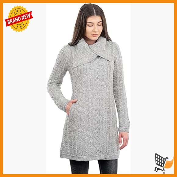 Oversized Collar Cardigan Sweater with Side Pockets Merino Blend Loose Fit